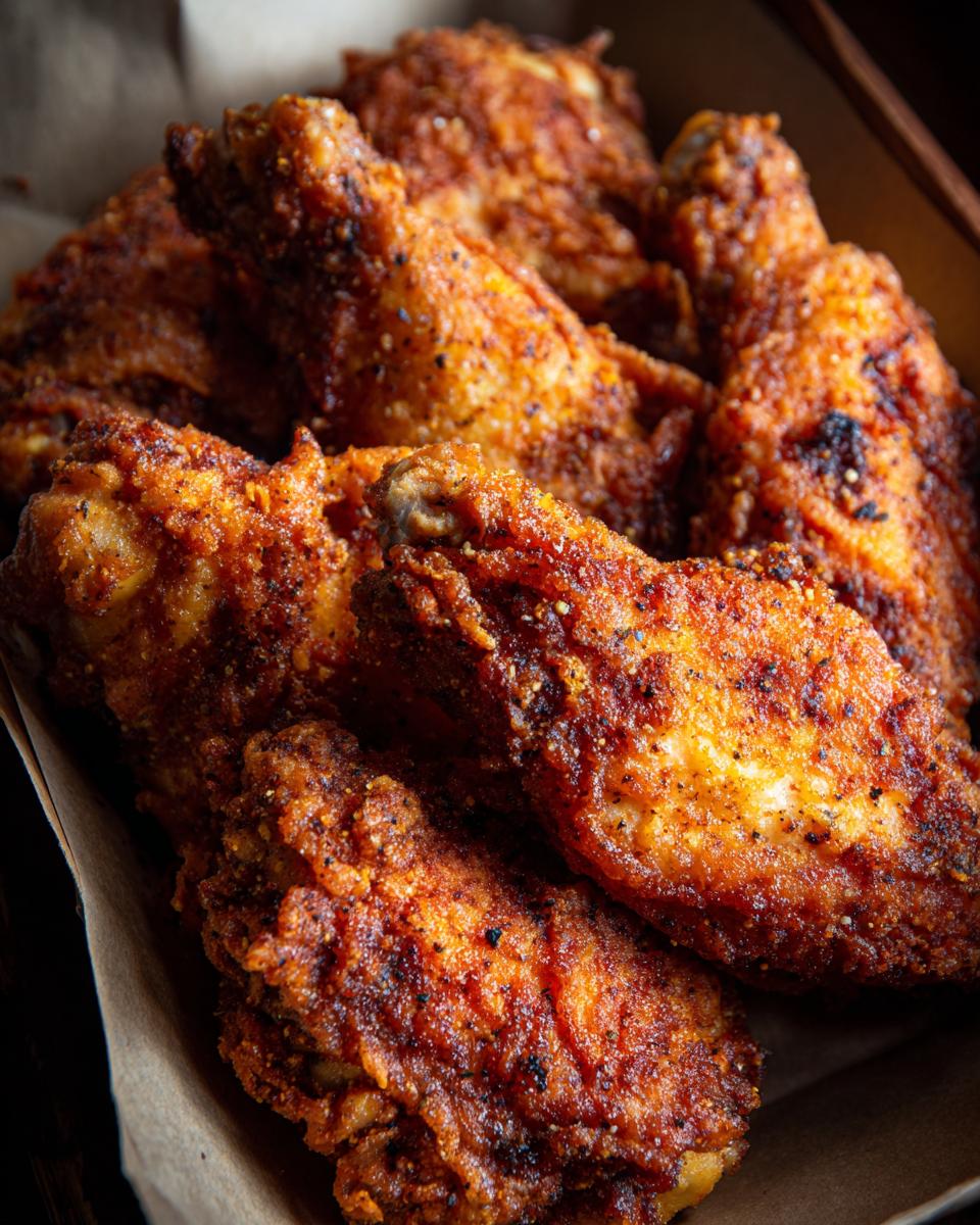 Close-up of crispy, golden-brown Lemon Pepper Chicken wings in a container.