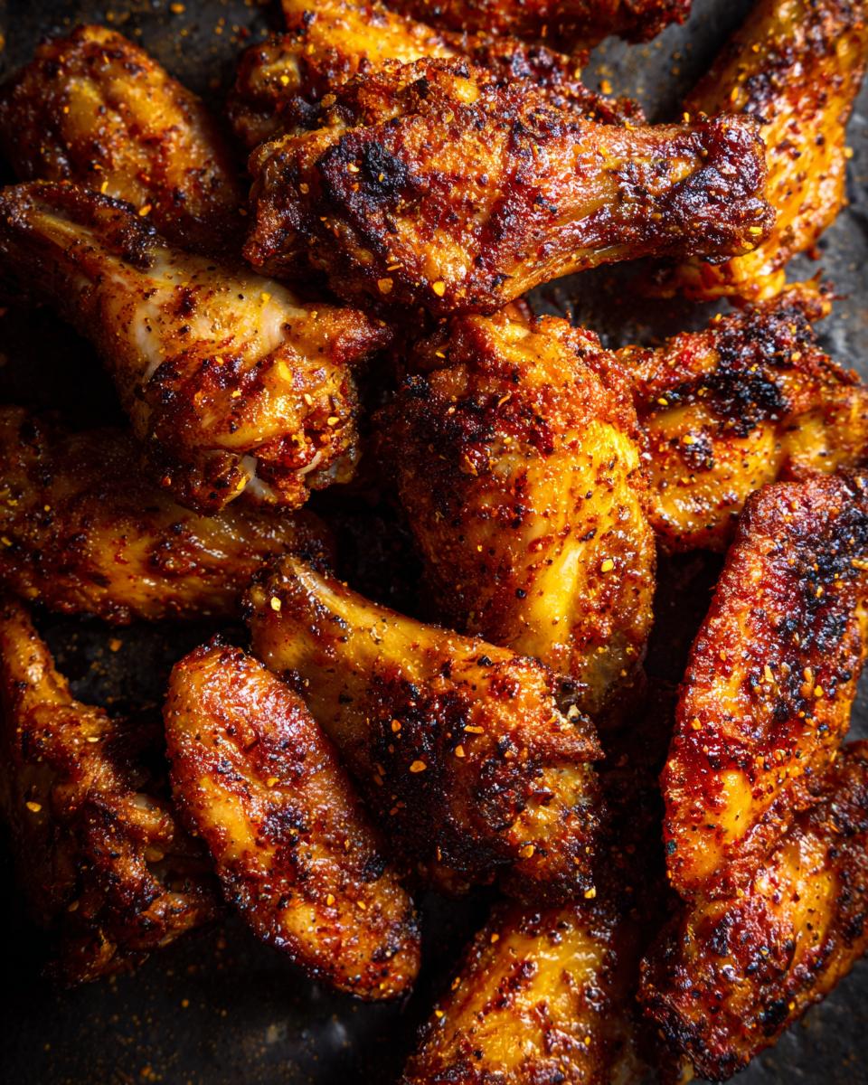 Close-up of crispy lemon pepper chicken wings, seasoned and ready to eat.