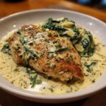 Plate of Lemon Spinach Parmesan Chicken with creamy sauce, spinach, and parmesan cheese.