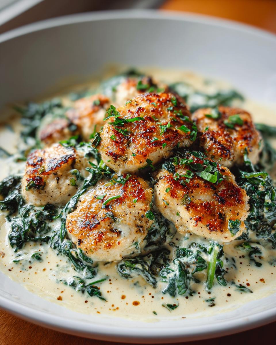 Close-up of Lemon Spinach Parmesan Chicken in a creamy sauce, garnished with fresh herbs.