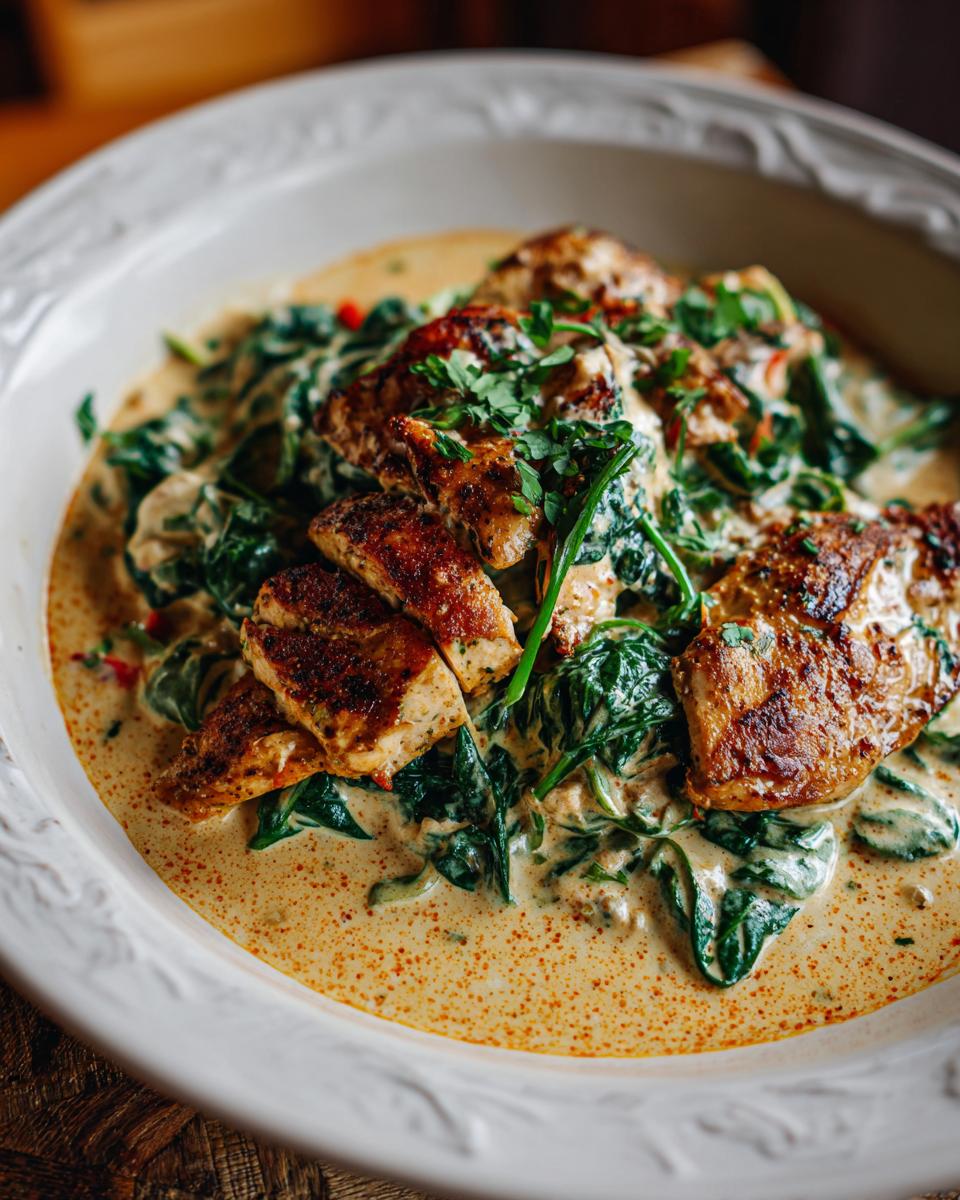 A bowl of Lemon Spinach Parmesan Chicken, featuring sliced chicken breast, spinach, and a creamy parmesan sauce.