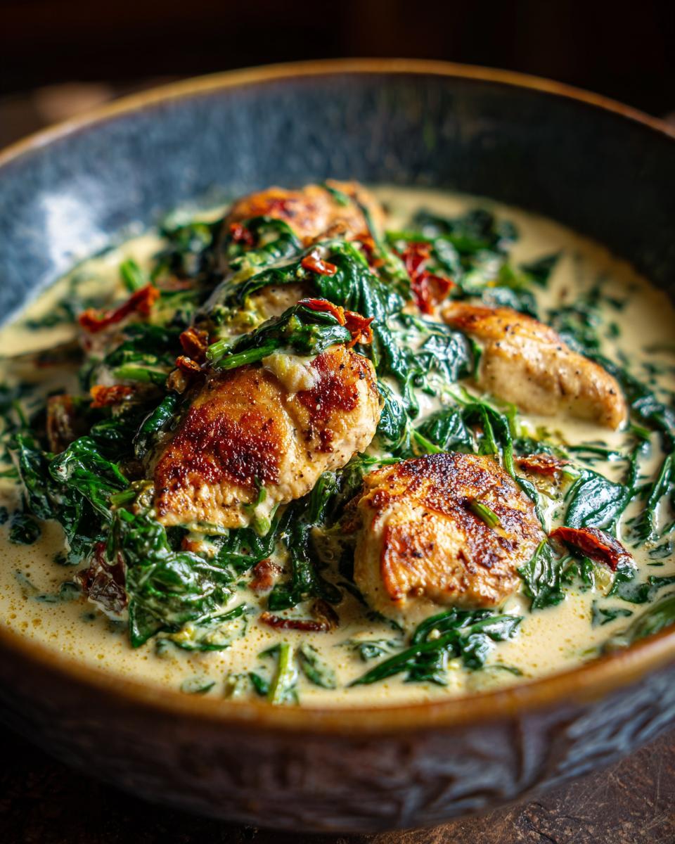 Bowl of Lemon Spinach Parmesan Chicken, featuring seared chicken, spinach, and a creamy lemon parmesan sauce.
