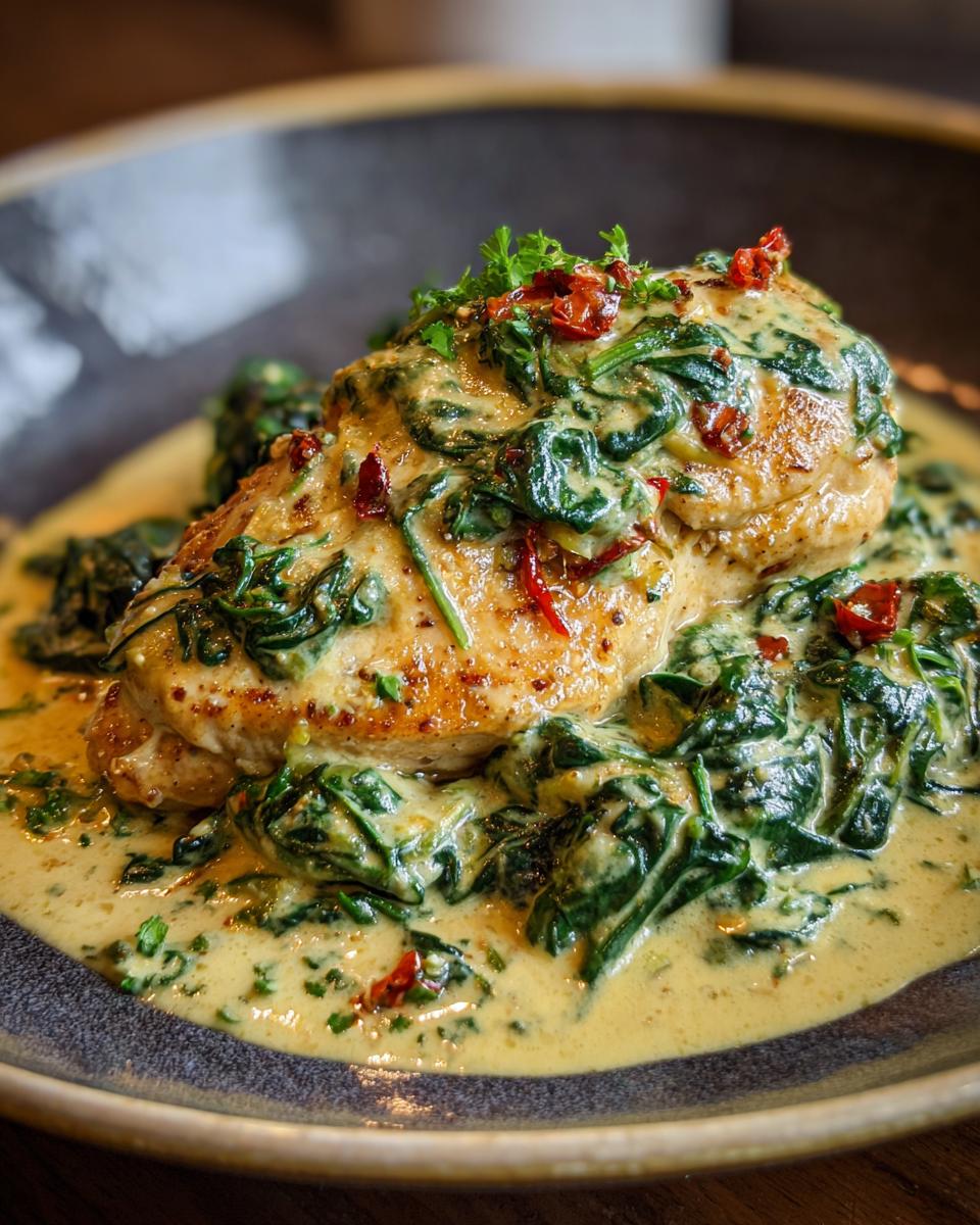 Close-up of Lemon Spinach Parmesan Chicken on a plate, featuring creamy sauce and spinach.