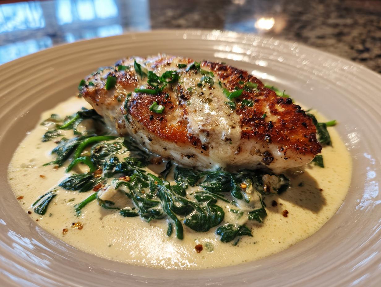 A serving of Lemon Spinach Parmesan Chicken on a plate, featuring a creamy sauce and fresh spinach.