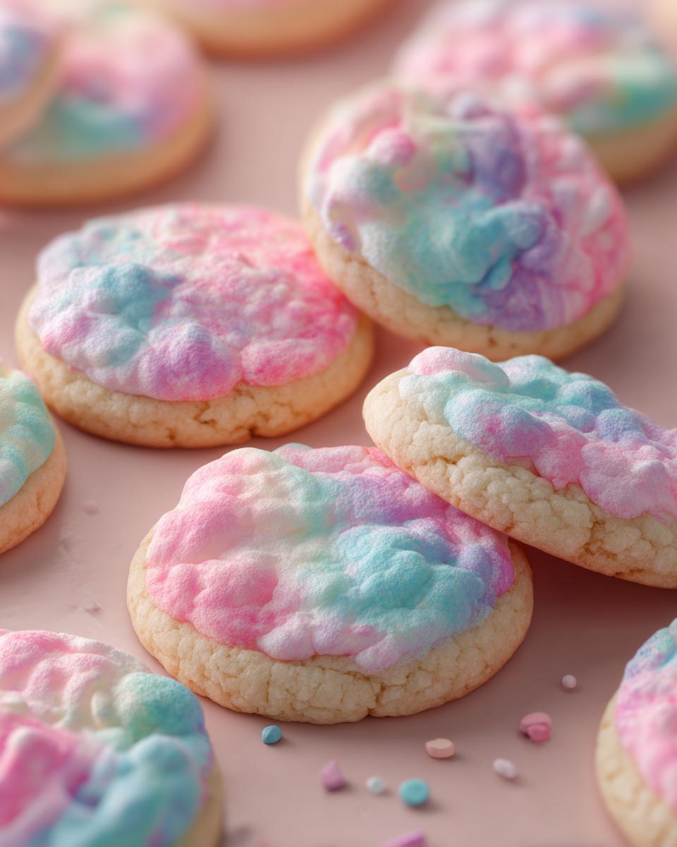 Close-up of several Lofthouse Cookies Soft Cookies with pink, blue, and white frosting on a pink surface.