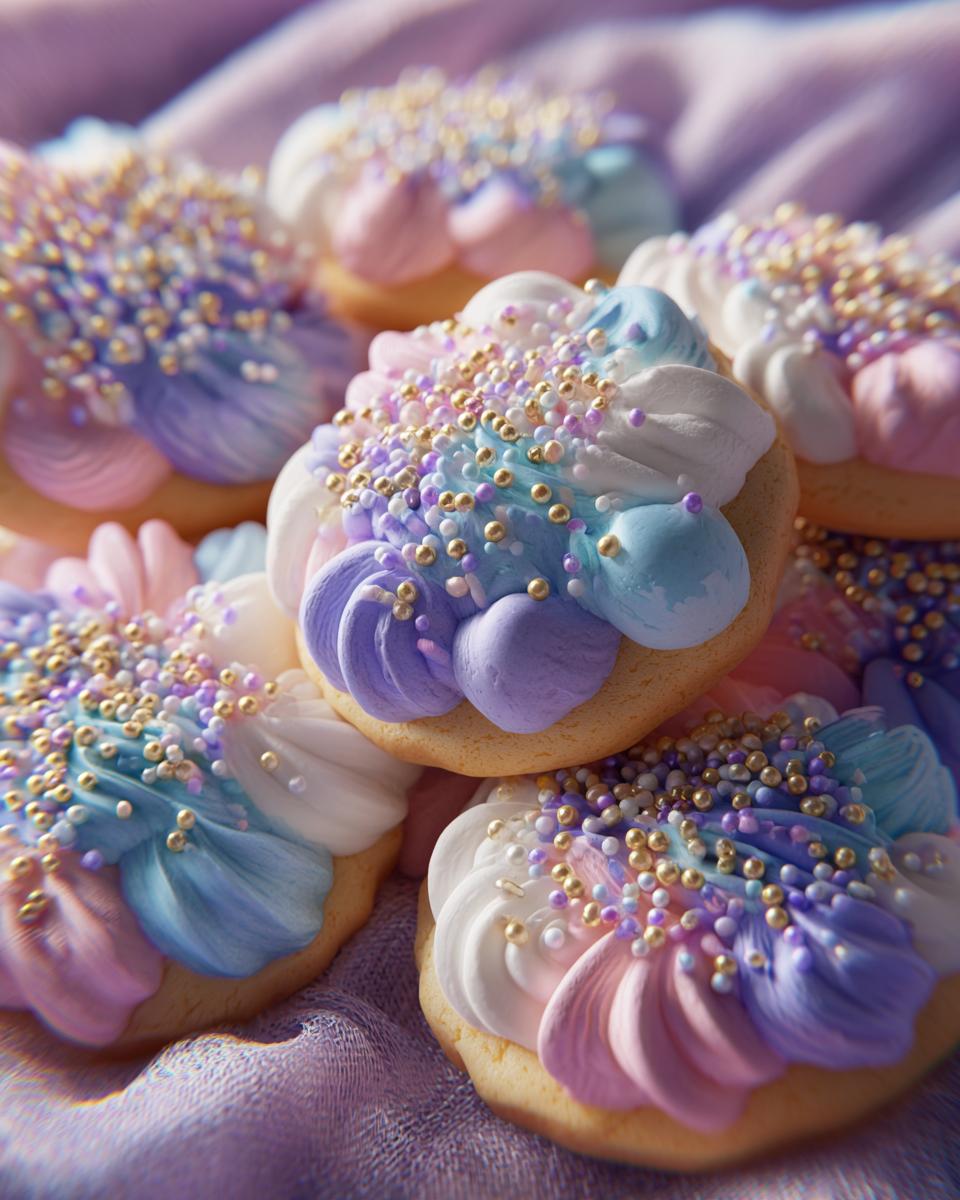Close-up of several Lofthouse Cookies Soft Cookies with pastel frosting and gold sprinkles on a purple cloth.