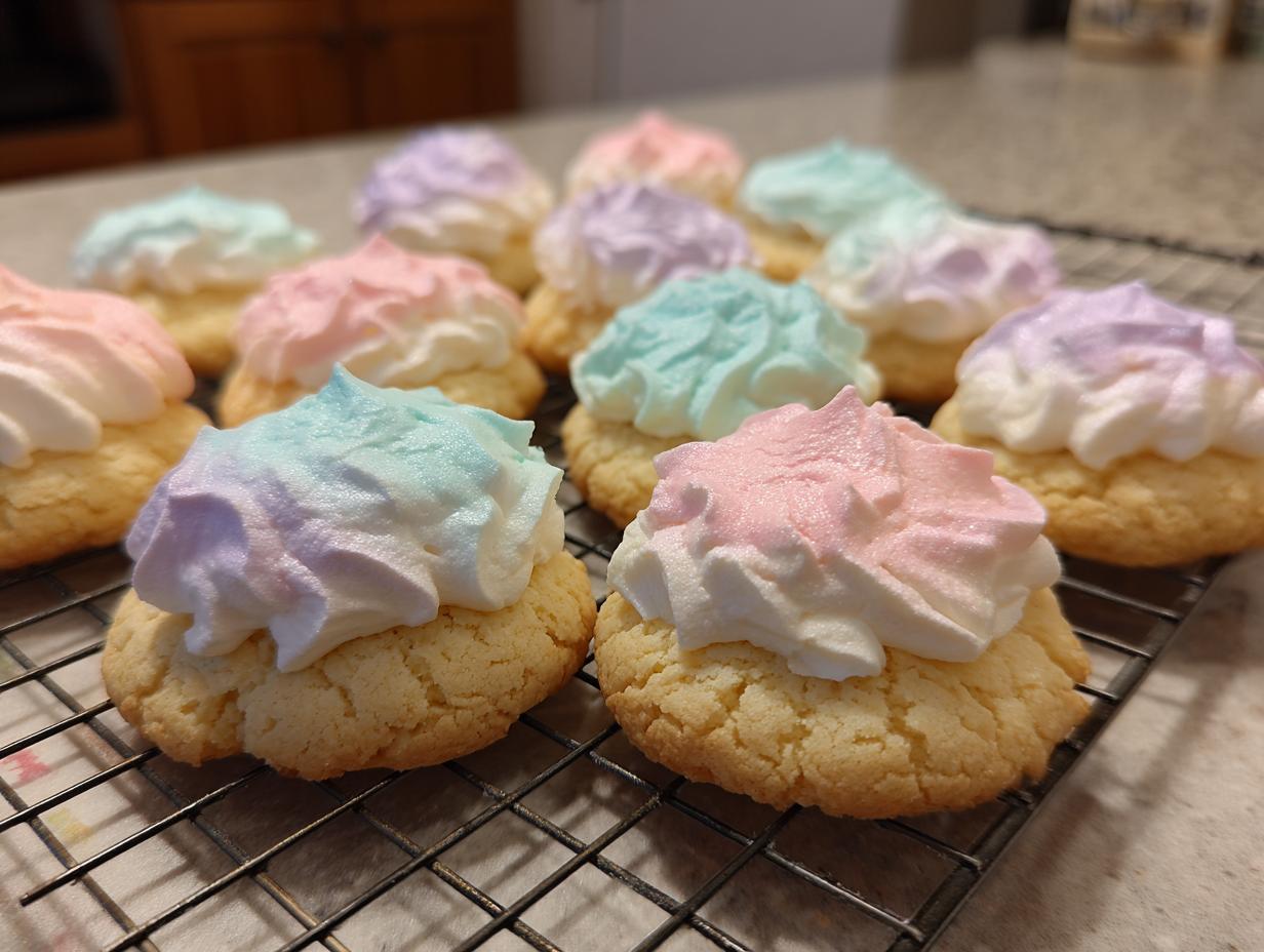 Homemade Lofthouse Cookies Soft Cookies with pastel-colored frosting on a wire rack.