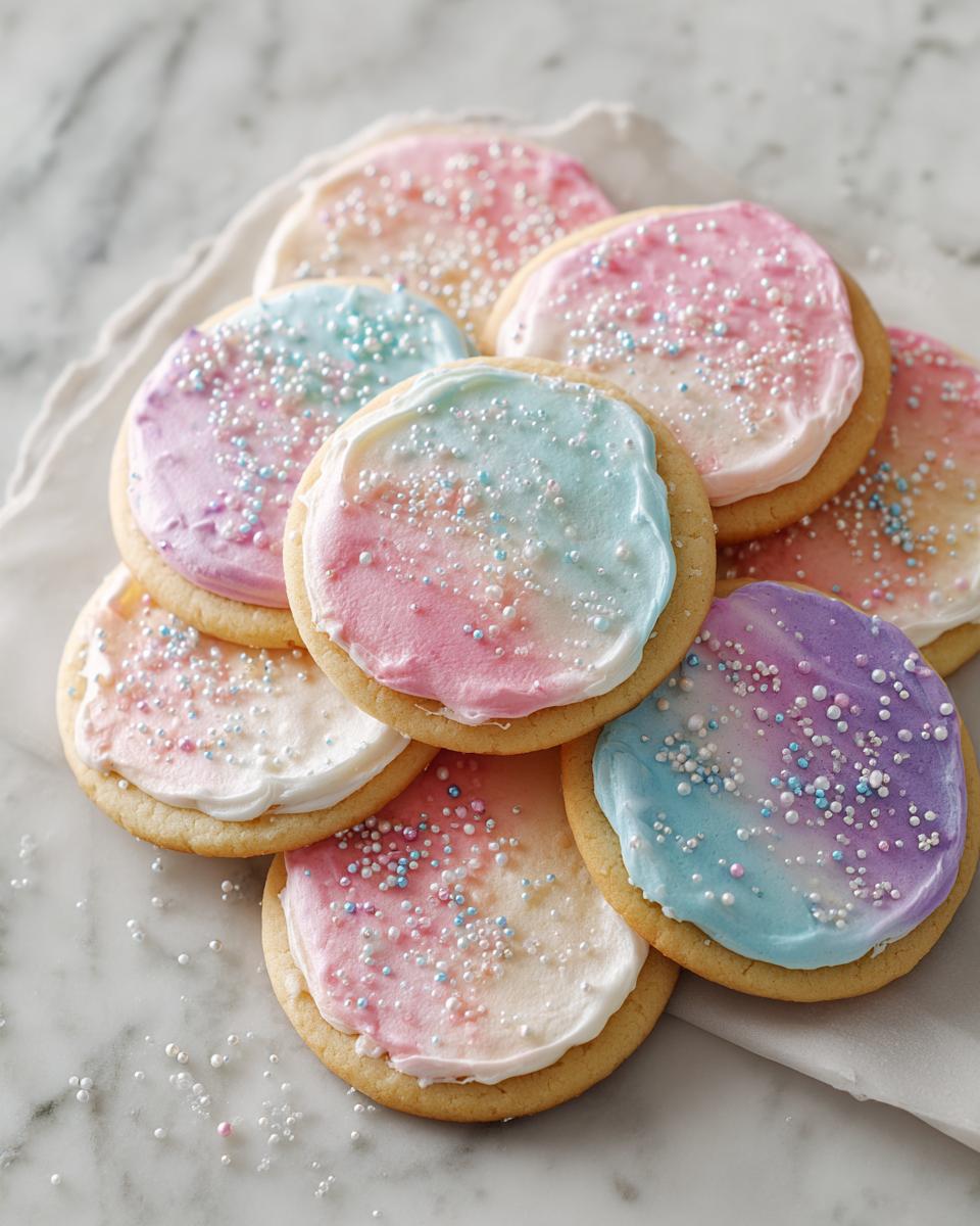 A stack of colorful Lofthouse Cookies Soft Cookies with pastel frosting and sprinkles on a white surface.