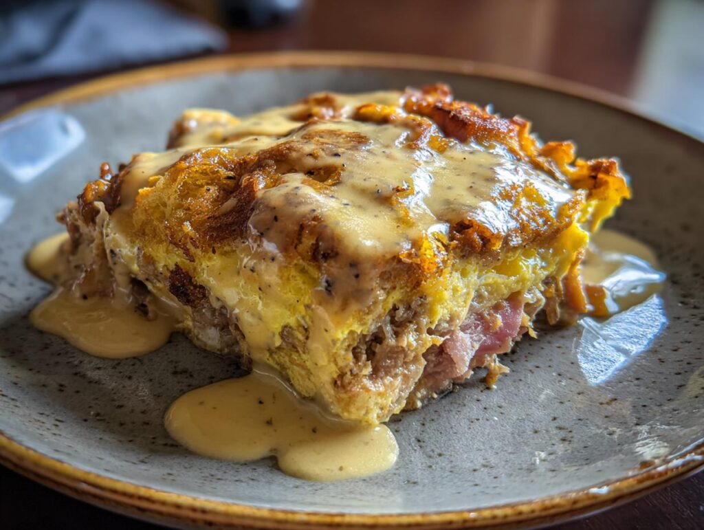 A slice of Make-Ahead Eggs Benedict Casserole with hollandaise sauce on a plate, showcasing the layers of ham and bread.