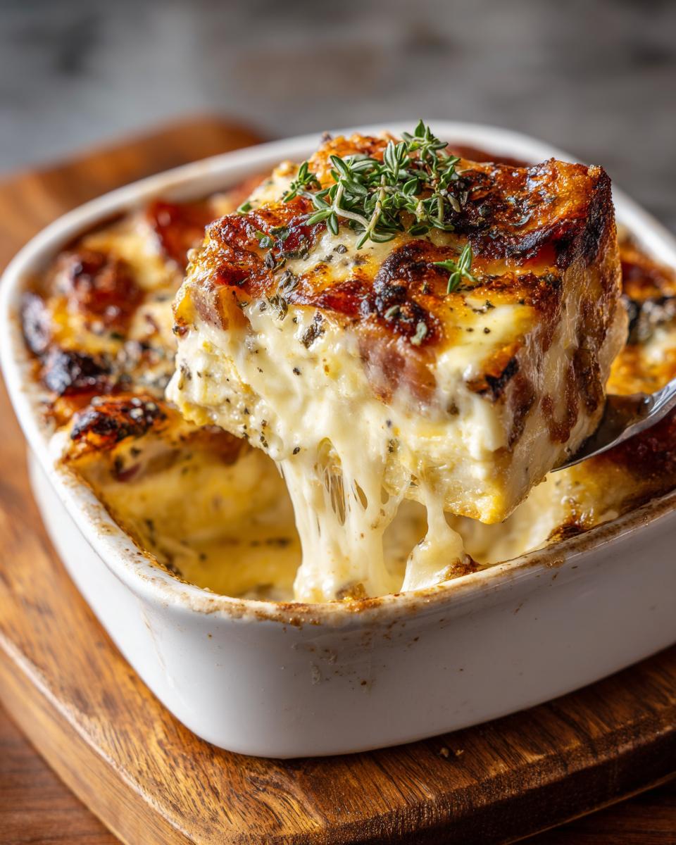 A slice of Make-Ahead Eggs Benedict Casserole being lifted, showing cheesy layers and herbs.