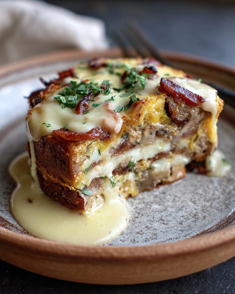 A slice of Make-Ahead Eggs Benedict Casserole with hollandaise sauce, bacon, and herbs on a plate.