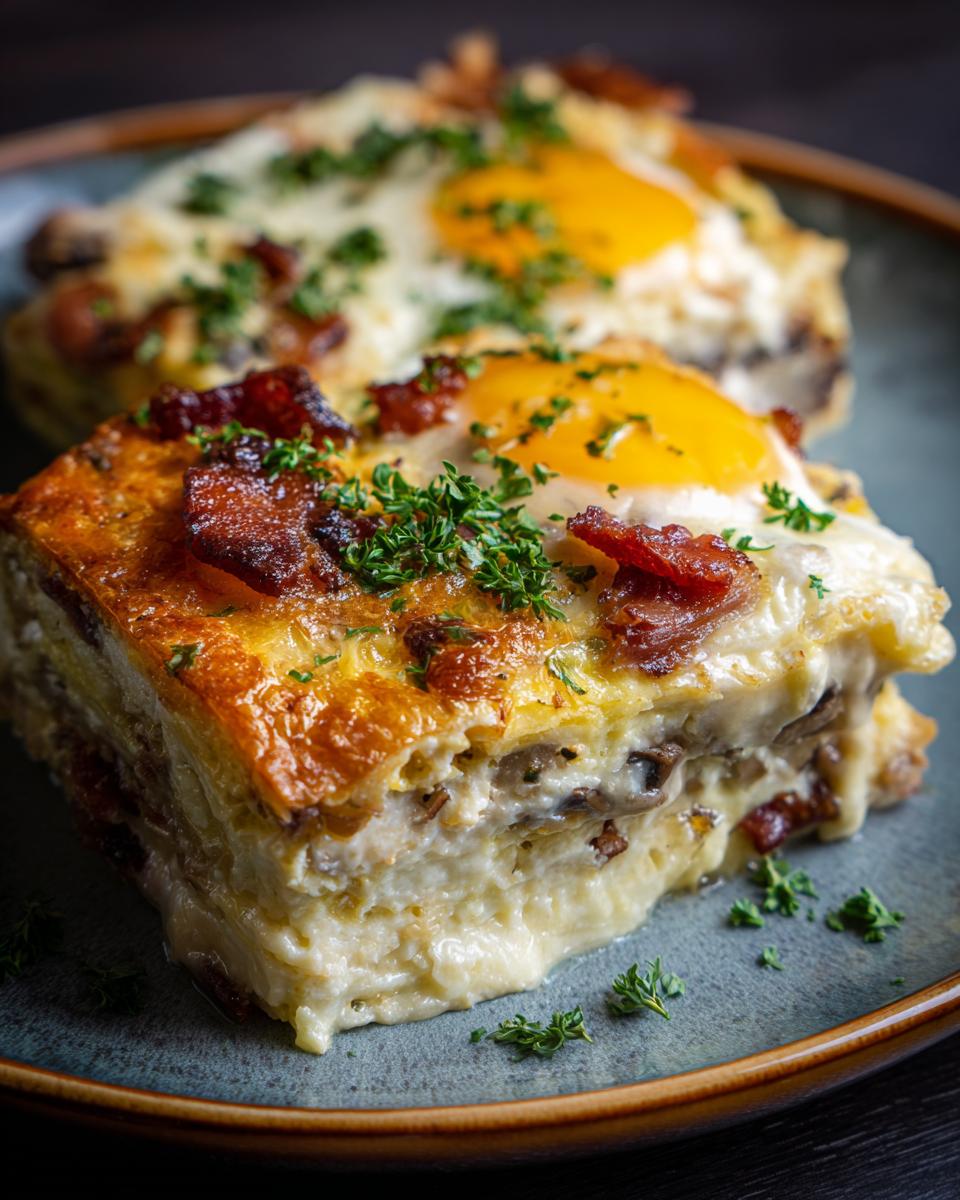 A slice of Make-Ahead Eggs Benedict Casserole, topped with a fried egg, bacon, and parsley.