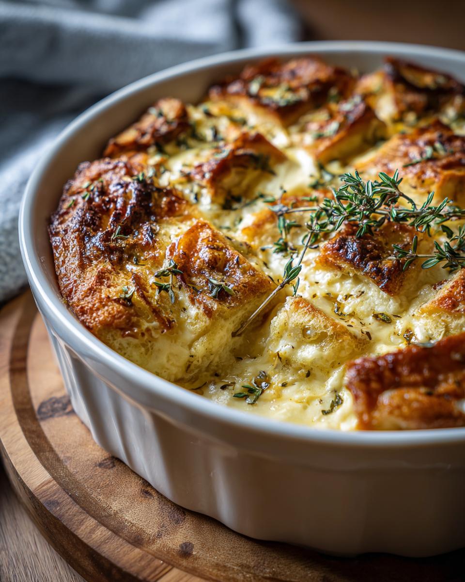 Close-up of a golden Make-Ahead Eggs Benedict Casserole in a white baking dish, garnished with fresh thyme.