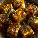 Close-up of Make-Ahead Marinated Cheese cubes with herbs, spices, and olive oil.