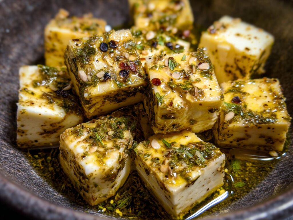 Close-up of Make-Ahead Marinated Cheese cubes in a bowl, coated in herbs and oil.