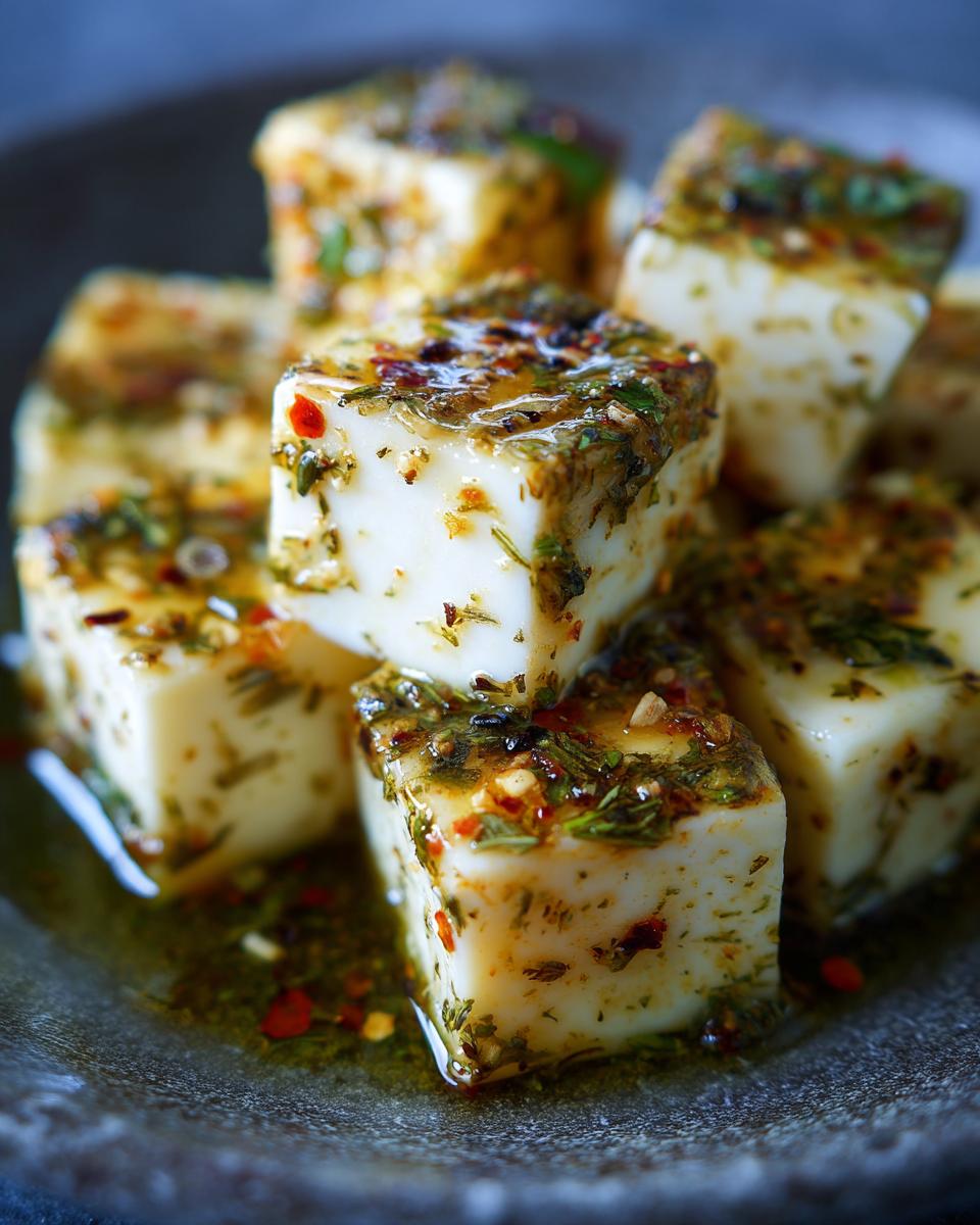 Close-up of cubed Make-Ahead Marinated Cheese with herbs and spices in olive oil on a gray plate.