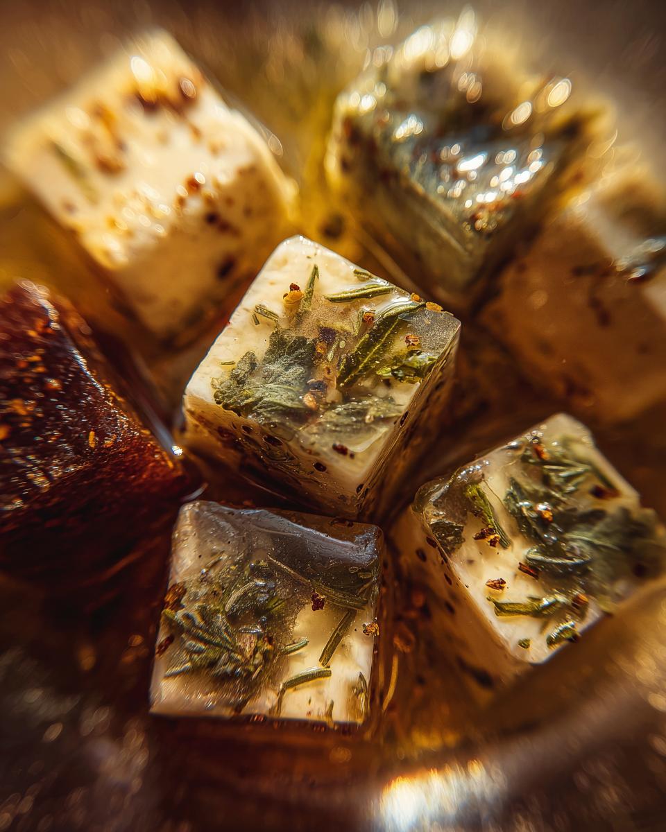 Close-up of make-ahead marinated cheese cubes infused with herbs and spices in olive oil.