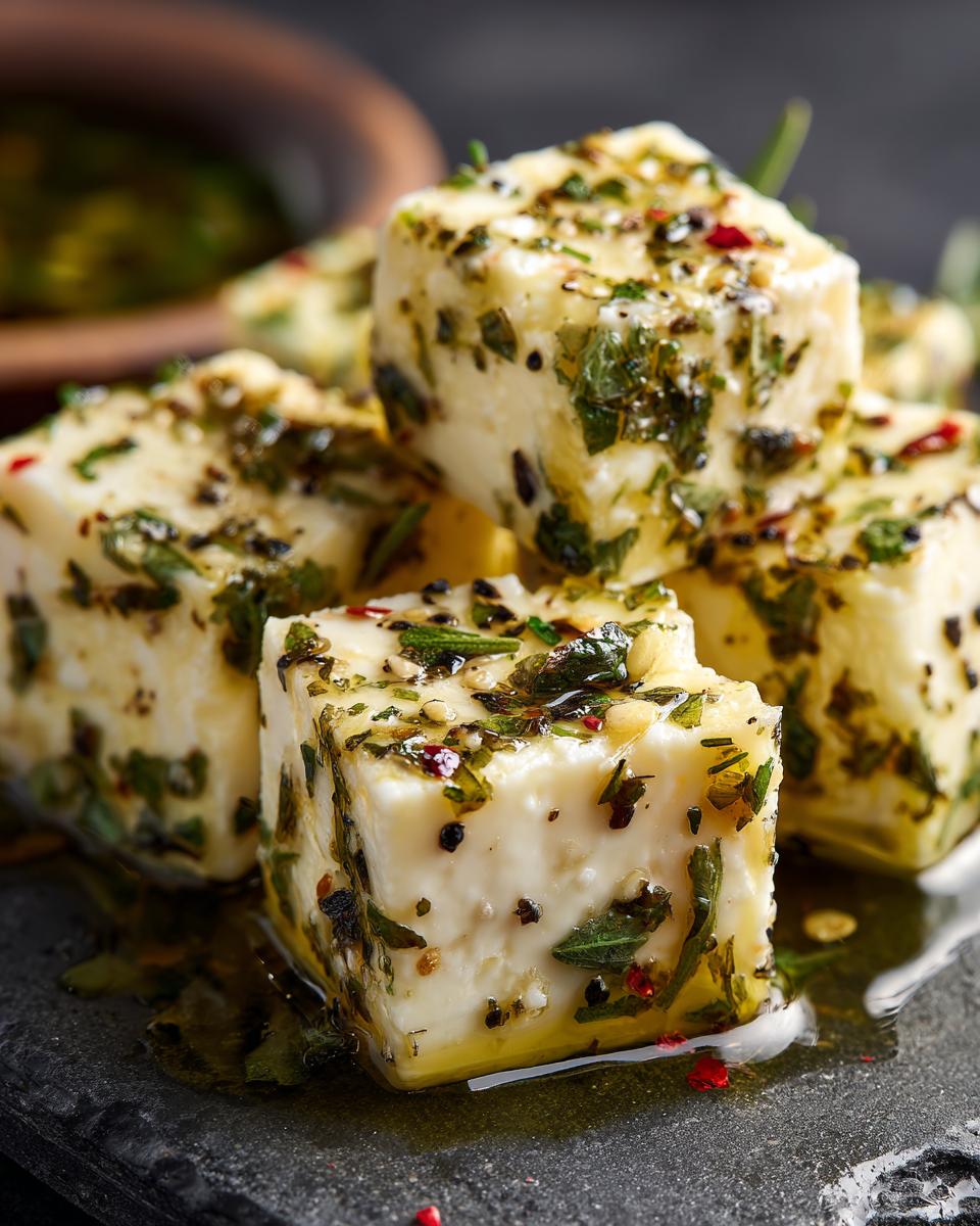 Close-up of stacked make-ahead marinated cheese cubes with herbs and spices, drizzled with oil.