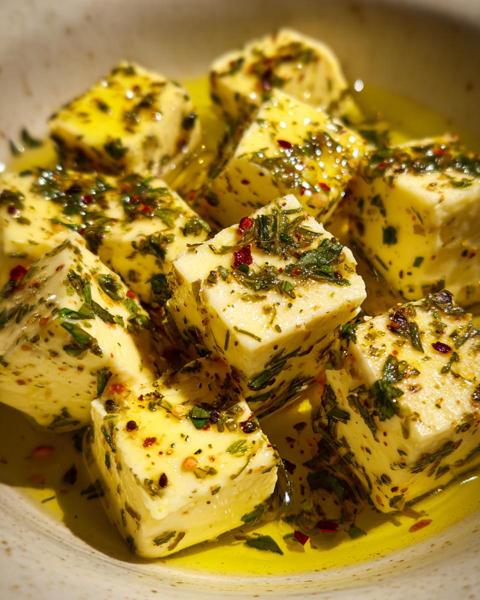 Close-up of cubed Make-Ahead Marinated Cheese with herbs and spices in olive oil.