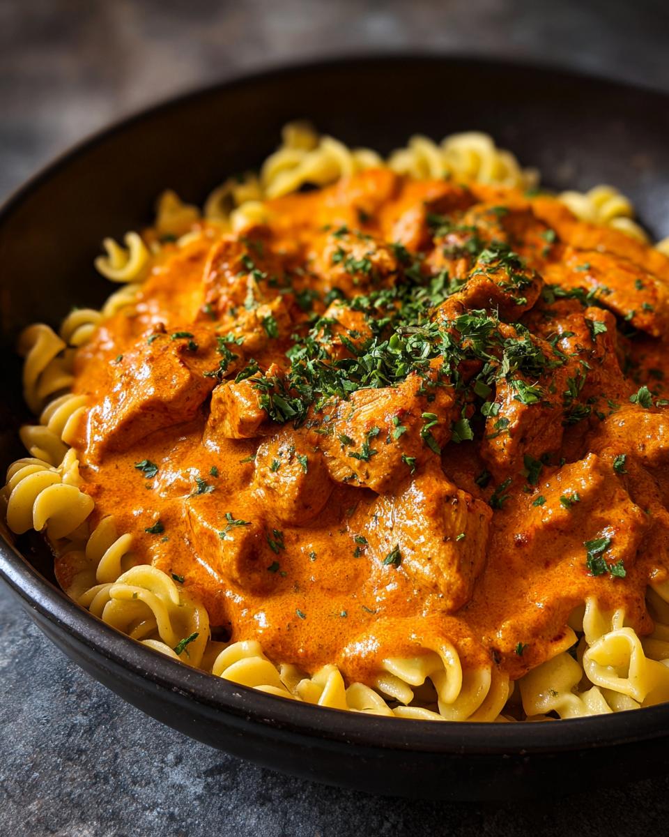 Close-up of Marry Me Chicken Pasta in a black bowl, topped with fresh herbs.