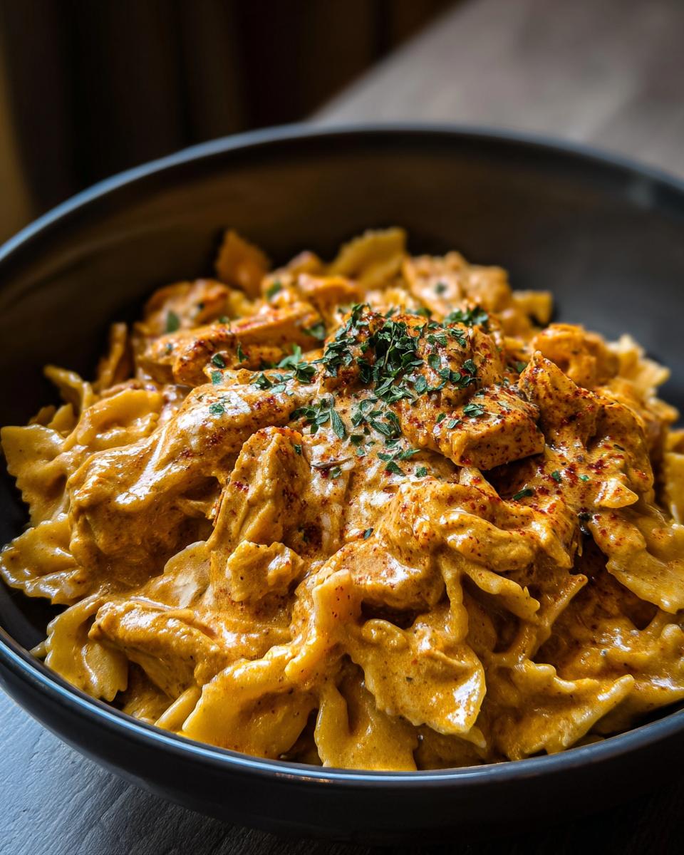 Close-up of a bowl of Marry Me Chicken Pasta with farfalle, creamy sauce, chicken, and herbs.