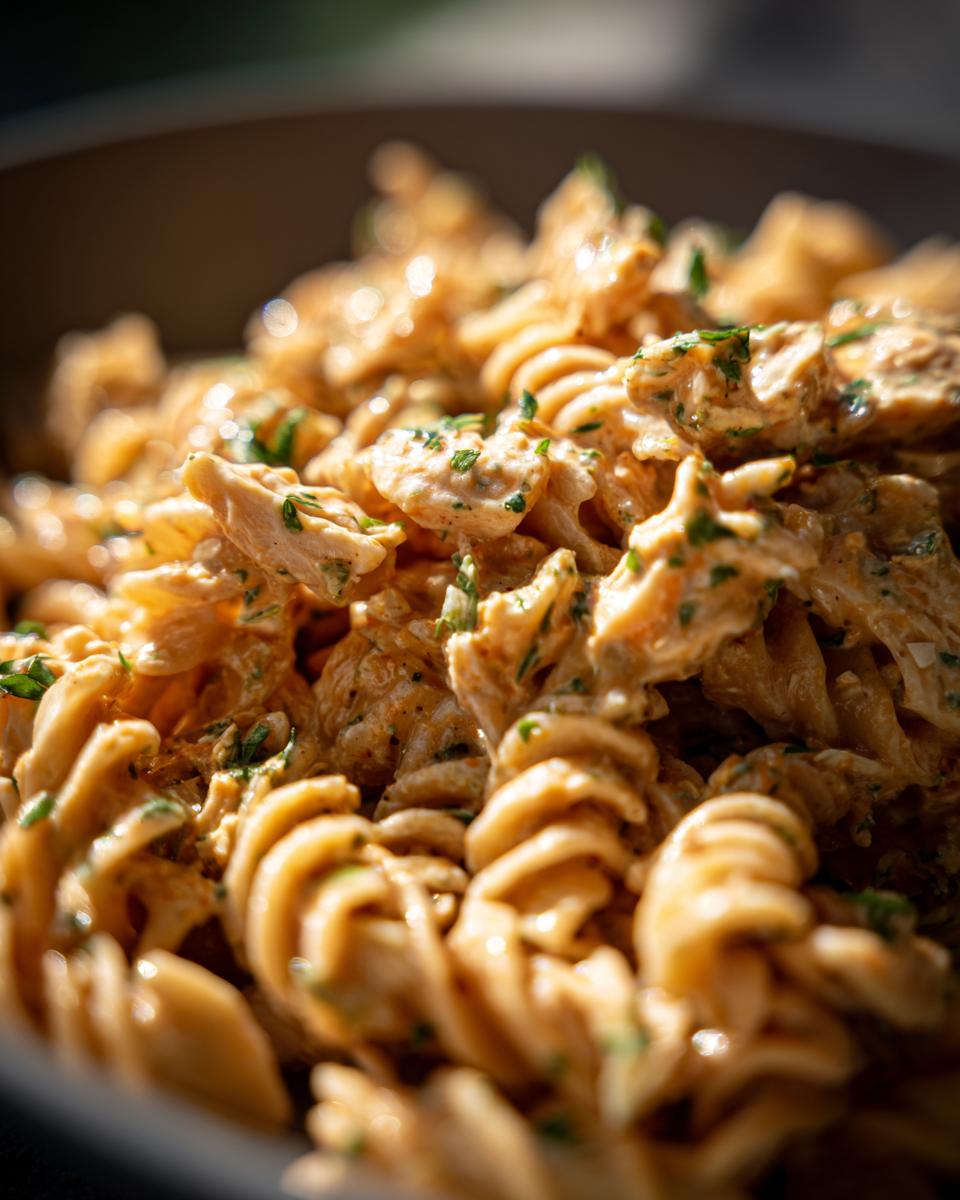 Close-up of creamy Marry Me Chicken Pasta with rotini noodles and fresh herbs.