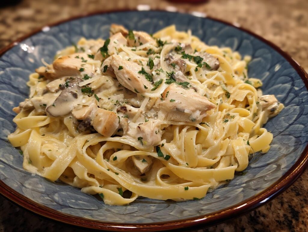 A plate of creamy Marry Me Chicken Pasta with fettuccine, chicken, mushrooms, and a creamy sauce, garnished with parsley.