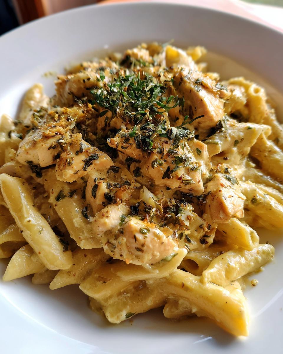 Delicious Marry Me Chicken Pasta on a white plate, topped with fresh herbs and creamy sauce.
