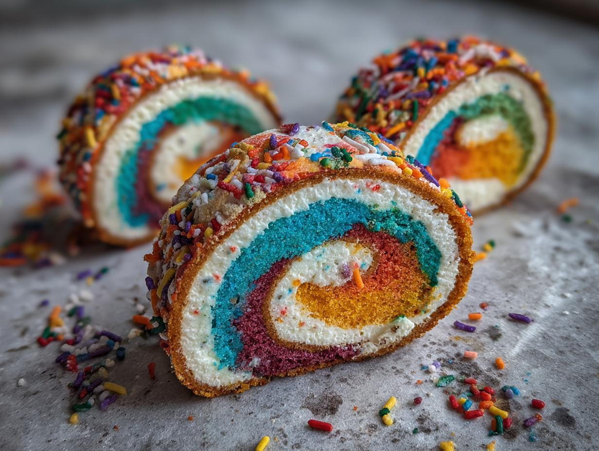 Three slices of Mediterranean Pinwheels with colorful layers and sprinkles on a gray surface.