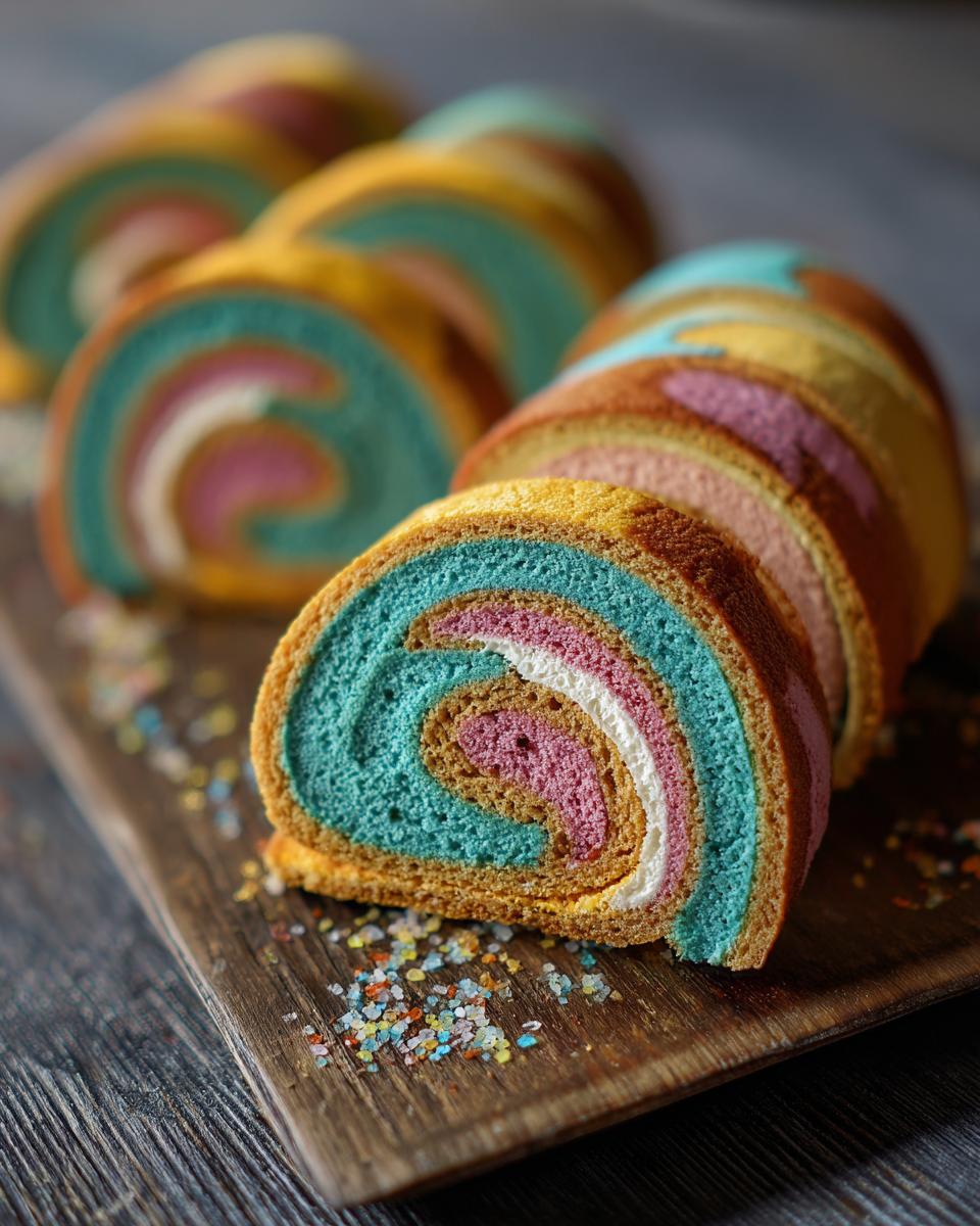 Close-up of sliced Mediterranean Pinwheels with colorful layers on a wooden board, sprinkled with colorful sugar.