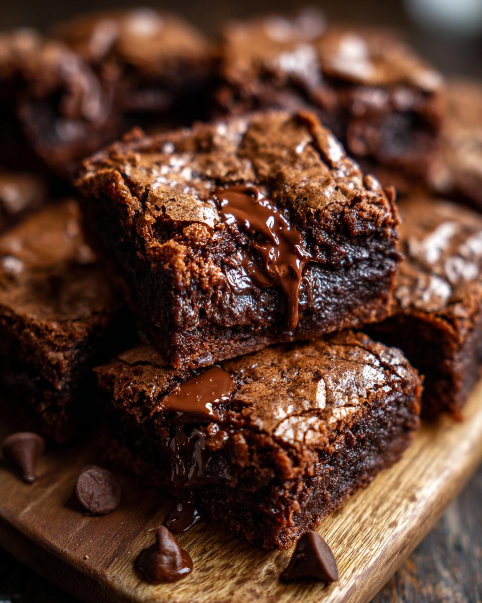 Stack of ultimate melt-in-your-mouth chocolate chip cookie bars with melted chocolate on a wooden board.
