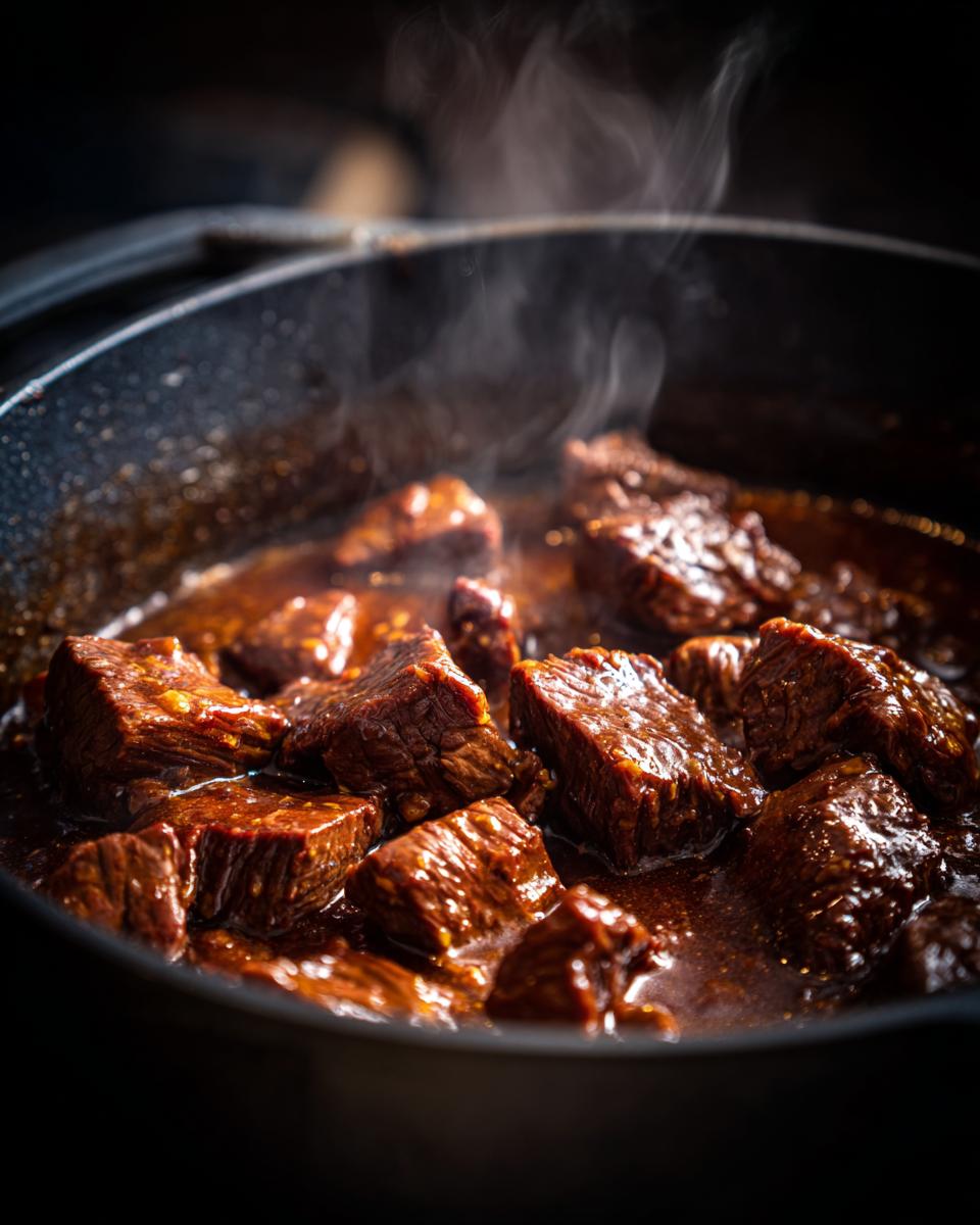 Close-up of steaming Melt-in-Your-Mouth Crockpot Beef Tips in a cast iron pot.