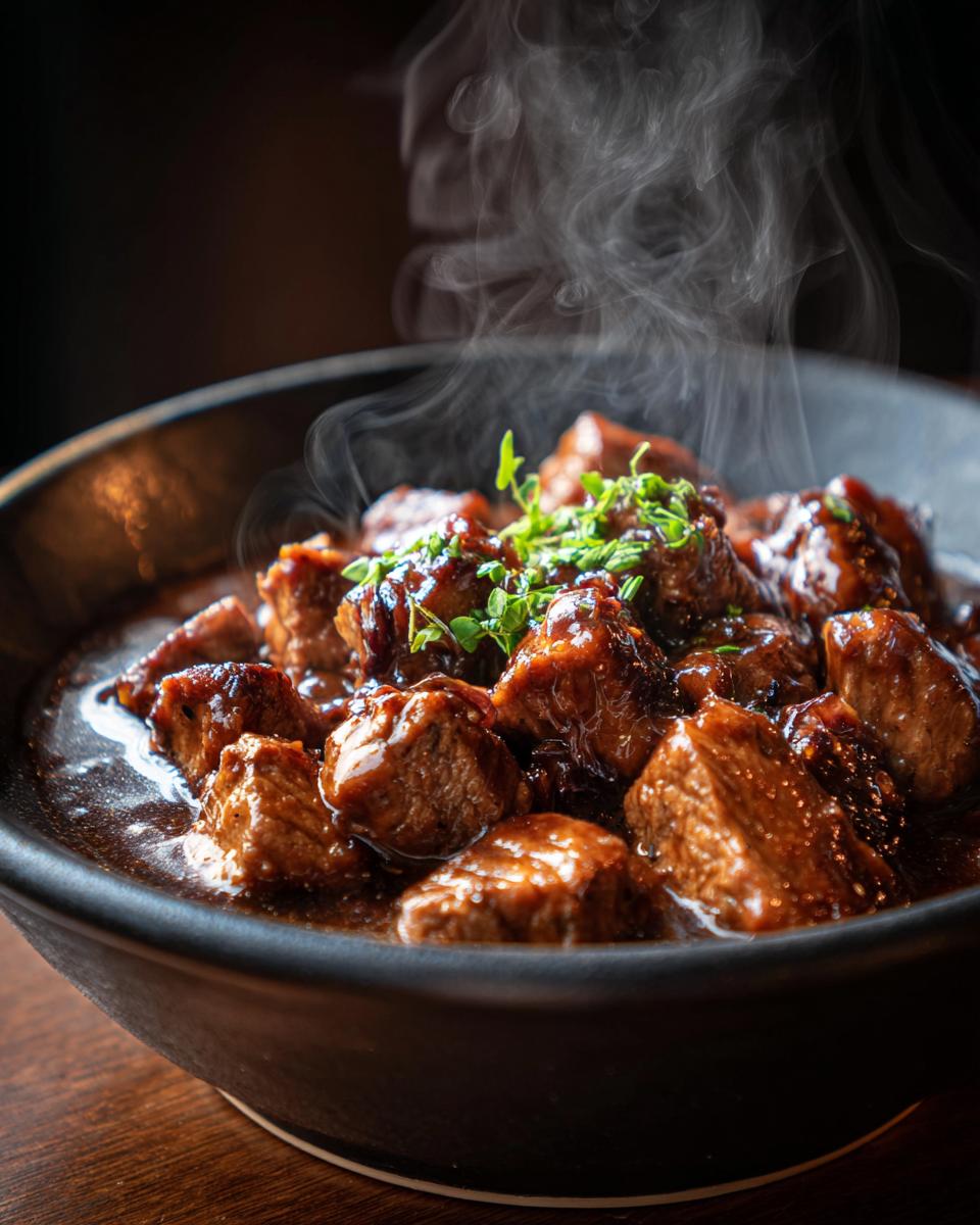 A bowl of steaming Melt-in-Your-Mouth Crockpot Beef Tips, garnished with fresh herbs.