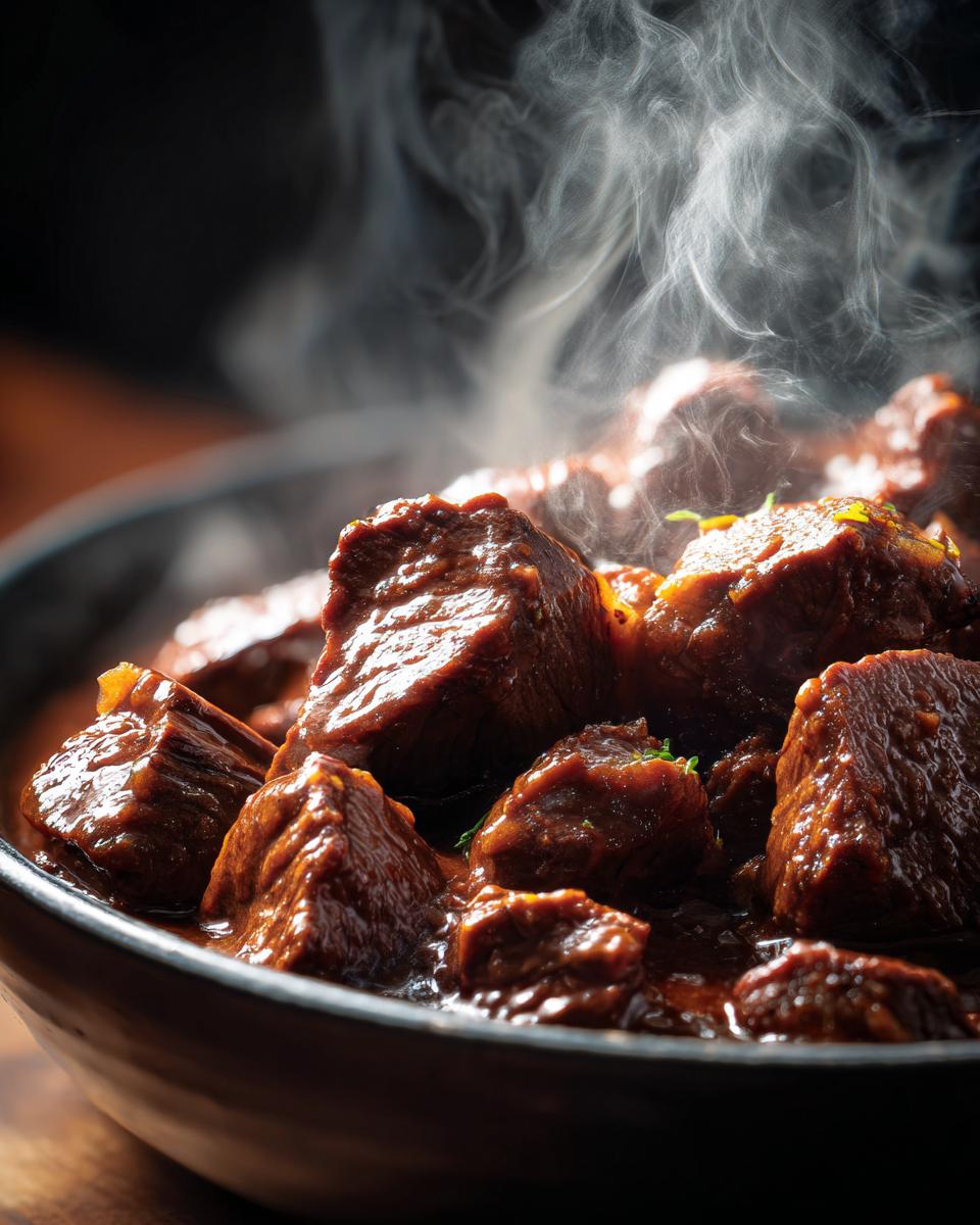 Steaming bowl of Melt-in-Your-Mouth Crockpot Beef Tips, showcasing the rich sauce and tender beef.