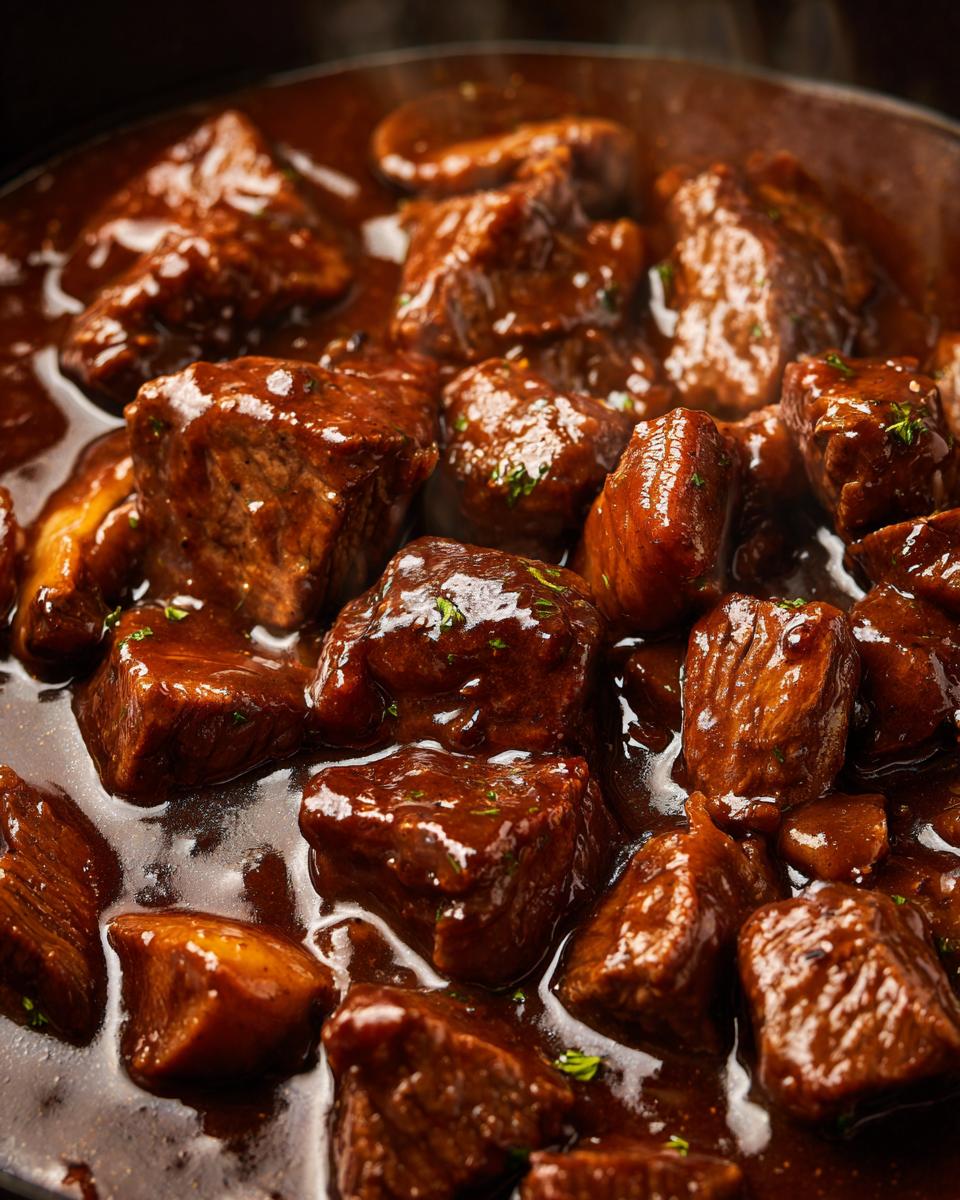 Close-up of tender, glistening Melt-in-Your-Mouth Crockpot Beef Tips in rich gravy, garnished with herbs.