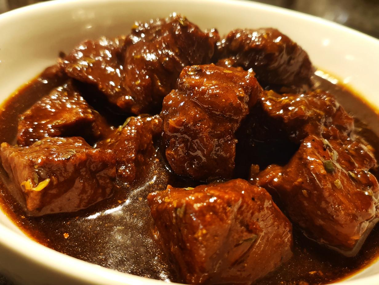 Close-up of tender Melt-in-Your-Mouth Crockpot Beef Tips in a rich, dark gravy, served in a white bowl.