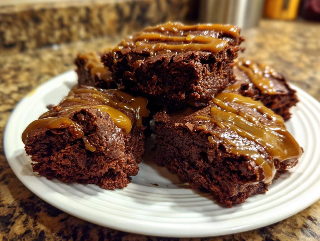A tempting plate of The Miso Caramel Brownies, drizzled with rich caramel sauce.