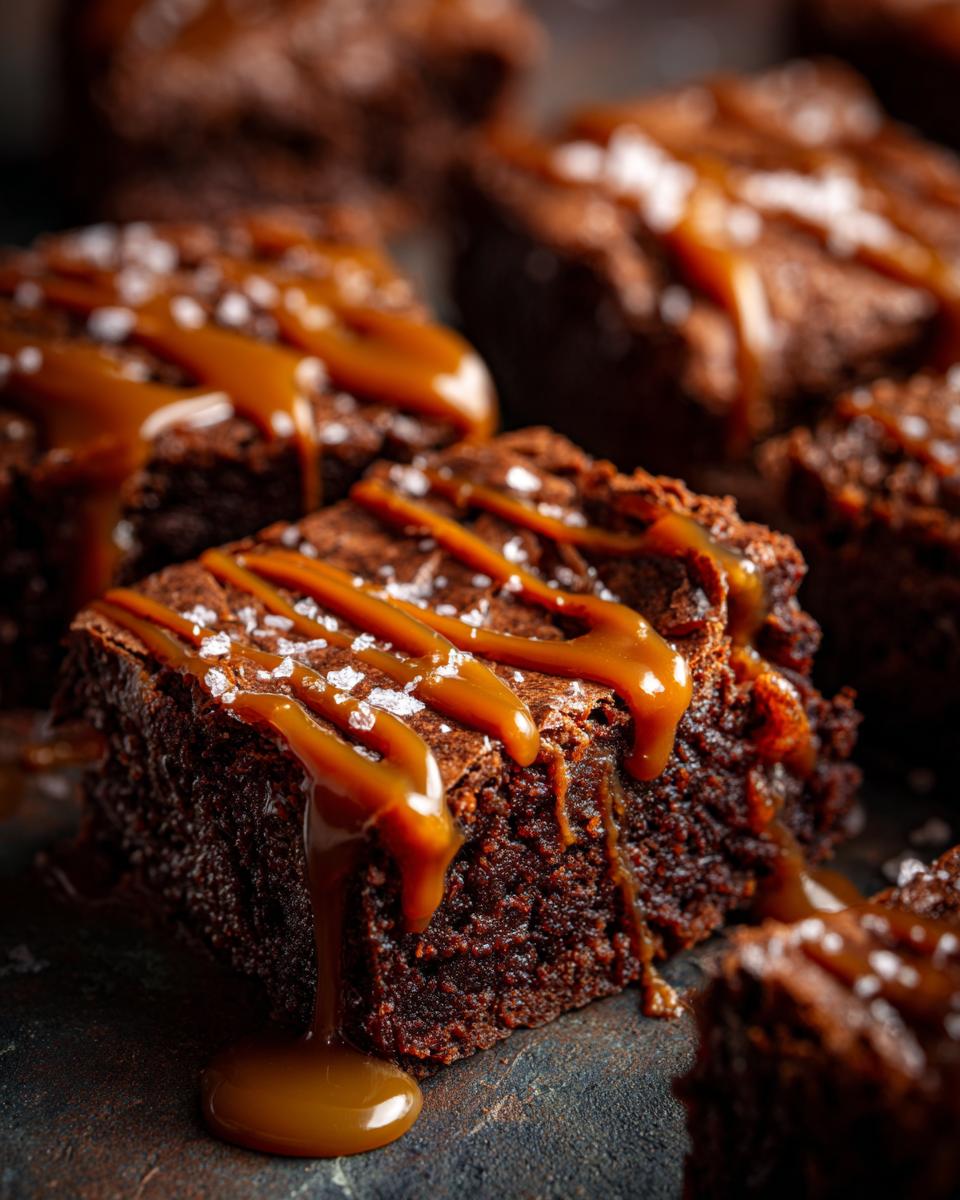 A close-up of The Miso Caramel Brownies, drizzled with caramel and sprinkled with sea salt.