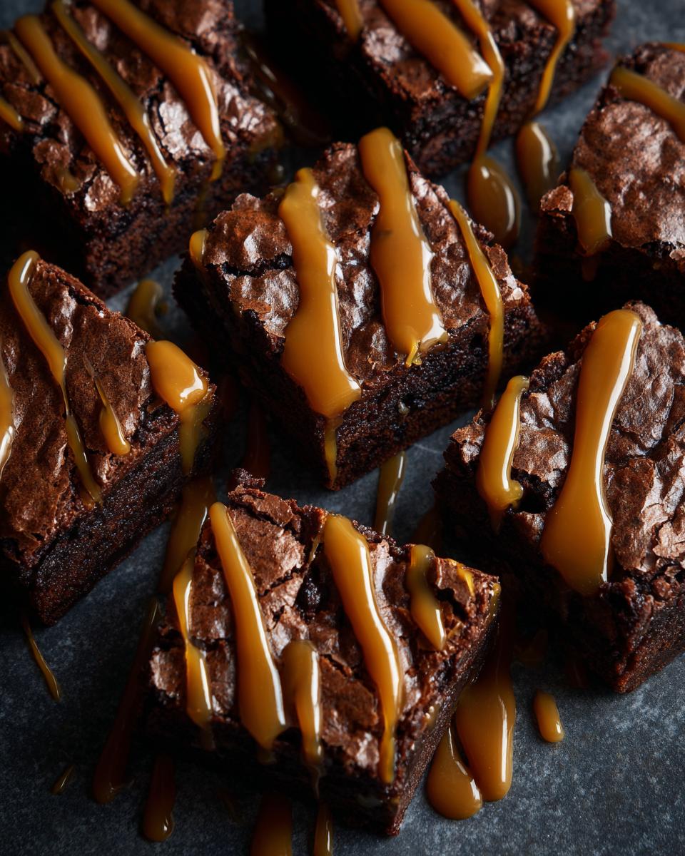Several Miso Caramel Brownies drizzled with caramel sauce, arranged on a dark surface.