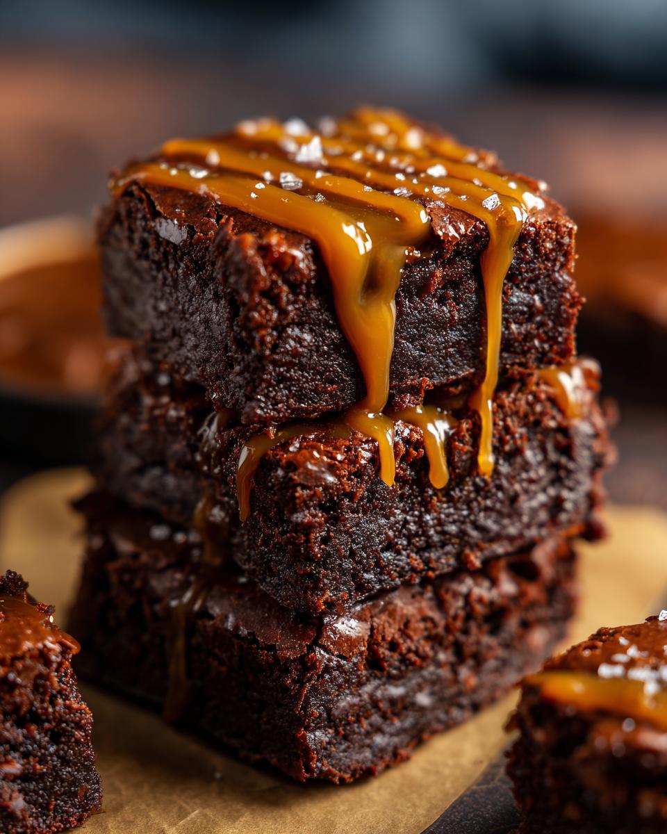 A stack of three The Miso Caramel Brownies, drizzled with caramel and sprinkled with sea salt.