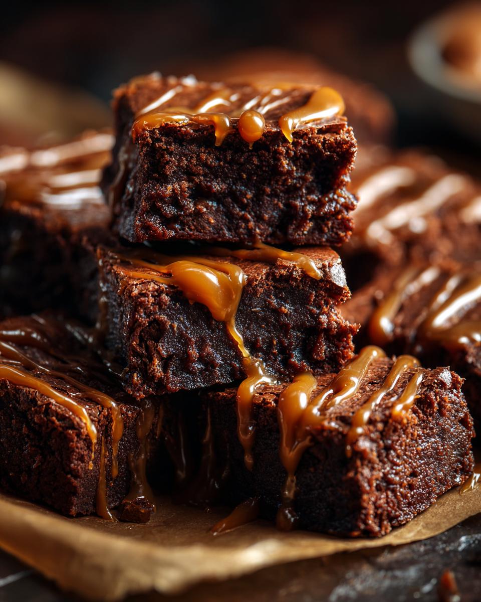 A stack of delicious The Miso Caramel Brownies drizzled with caramel sauce on parchment paper.