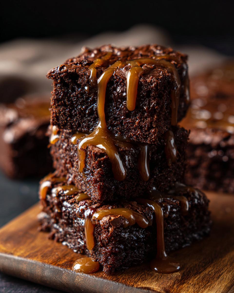 A stack of three The Miso Caramel Brownies drizzled with caramel sauce on a wooden board.