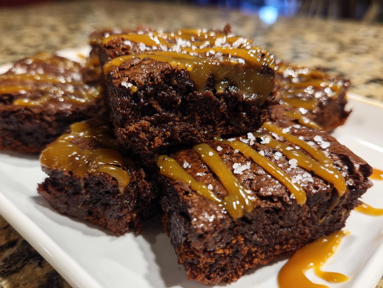 A stack of delicious Miso Caramel Brownies drizzled with caramel and sprinkled with salt flakes on a white plate.