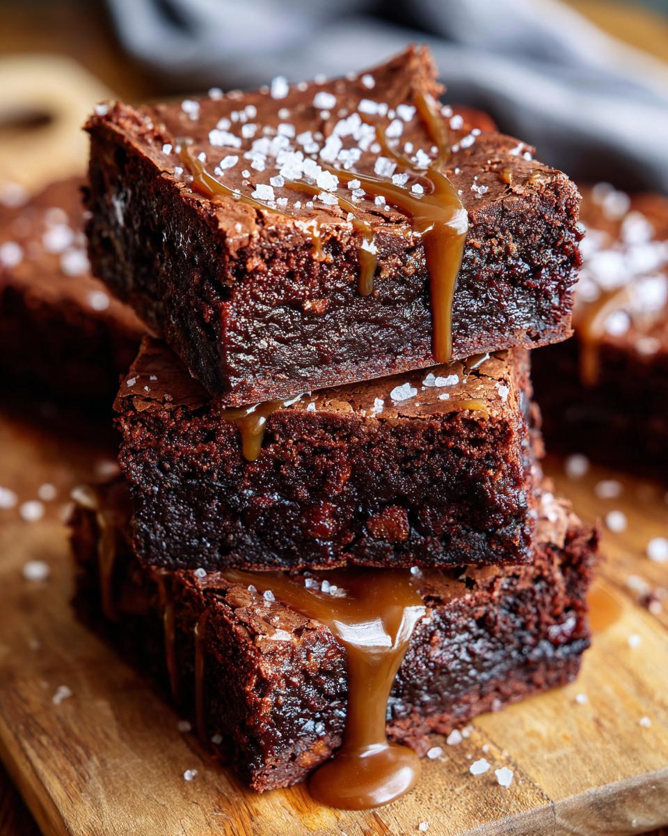 A stack of three Miso Caramel Brownies drizzled with caramel and sprinkled with sea salt.