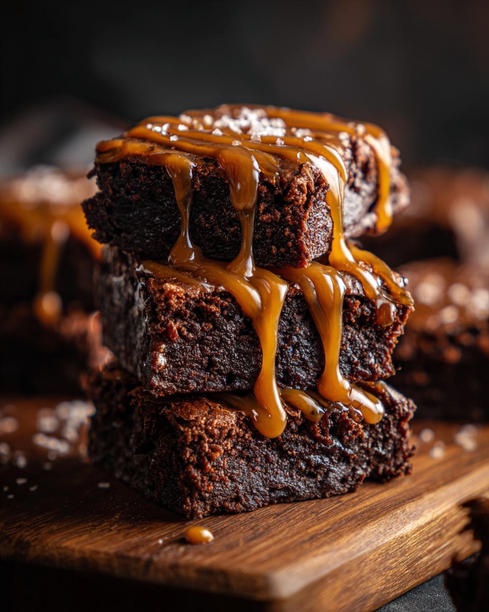 A stack of three Miso Caramel Brownies drizzled with caramel and sprinkled with sea salt on a wooden board.