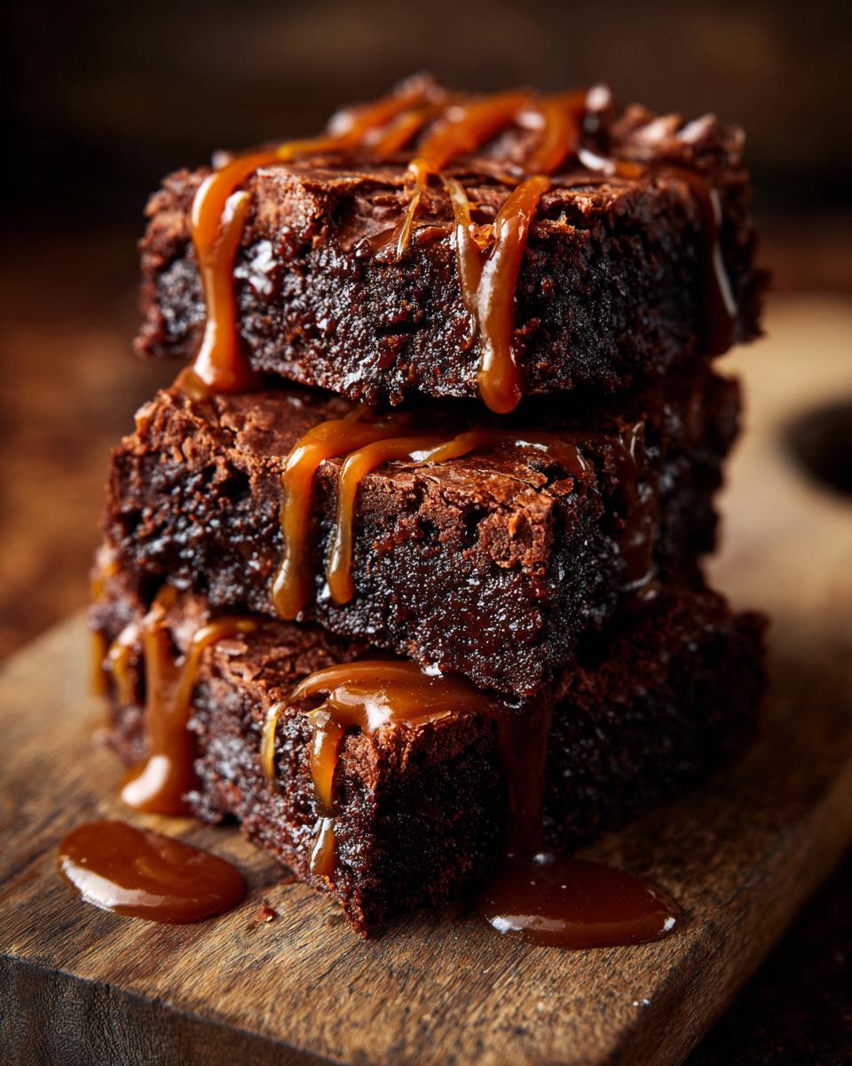 A stack of three decadent Miso Caramel Brownies drizzled with caramel on a wooden board.