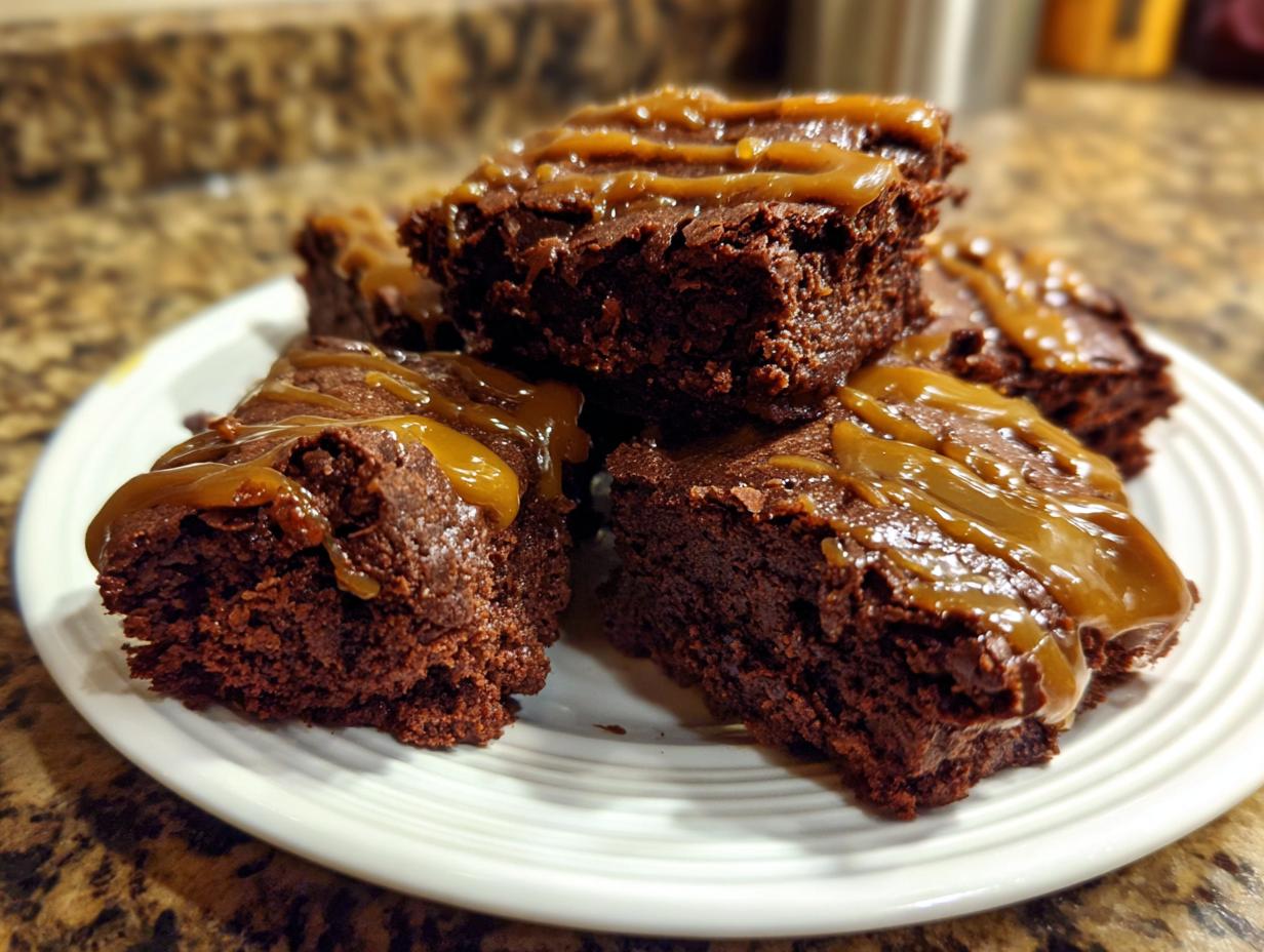 A tempting plate of The Miso Caramel Brownies, drizzled with rich caramel sauce.