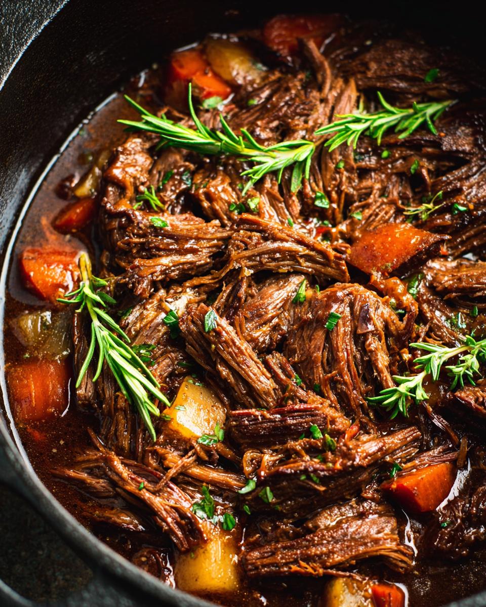 Close-up of Mississippi Pot Roast in a cast iron pot, garnished with rosemary and parsley.
