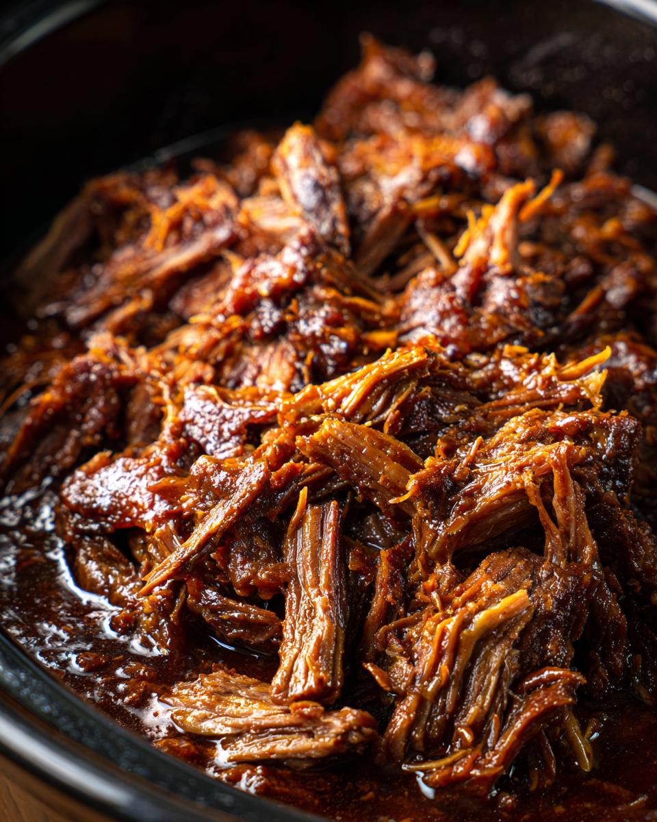 Close-up of tender, shredded Mississippi Pot Roast in a slow cooker with rich gravy.