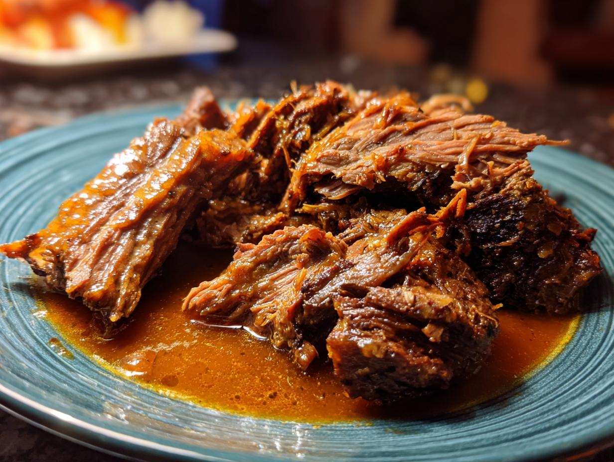 Close-up of tender Mississippi Pot Roast served on a blue plate with rich gravy.